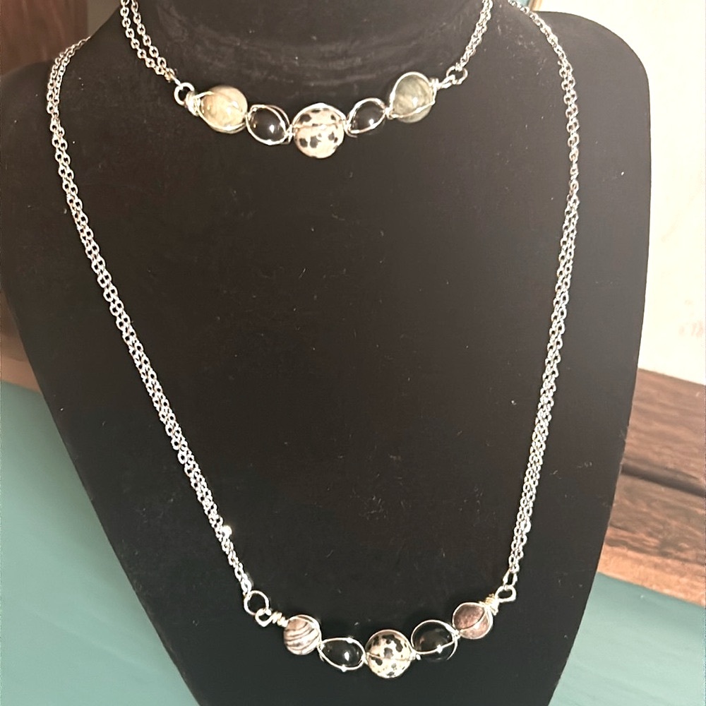 Hand Crafted Wire Wrapped Gemstone Crystal Beads Bar Necklace Bracelet Set